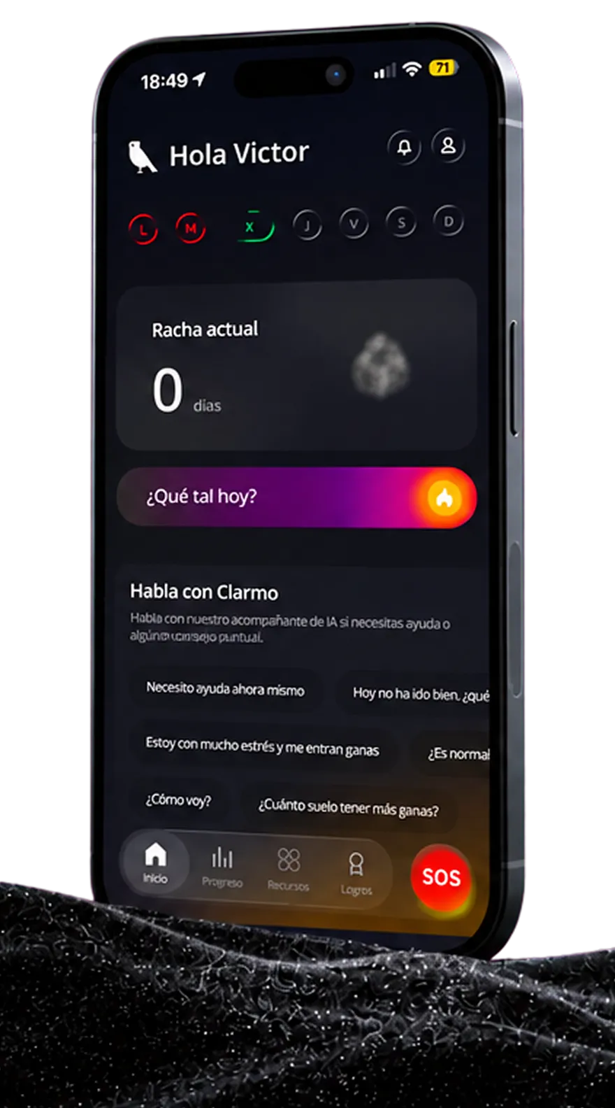 La pantalla de inicio de Clarmo: tu racha, el registro de hoy y el chat con el acompañante de IA