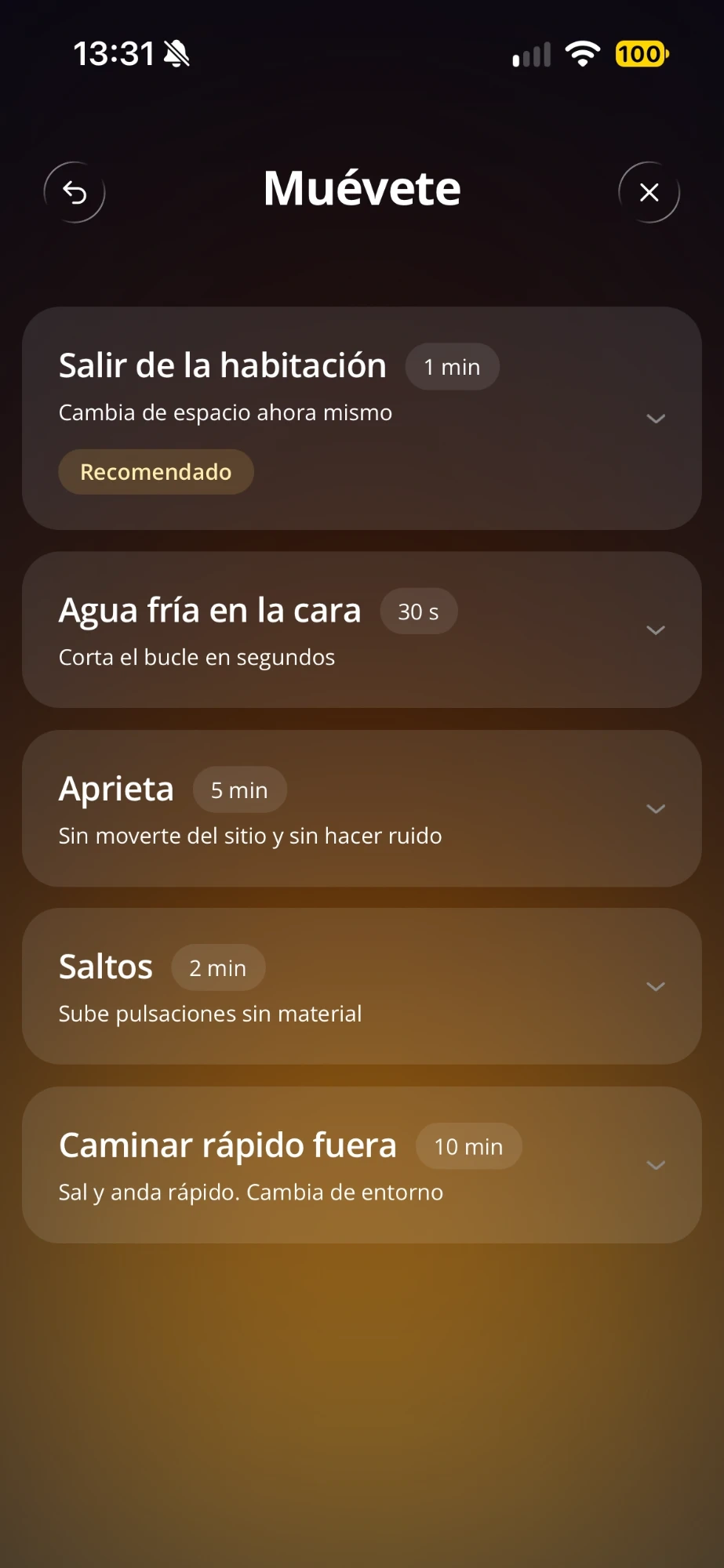 La pantalla de Muévete: cinco ejercicios cortos para elegir